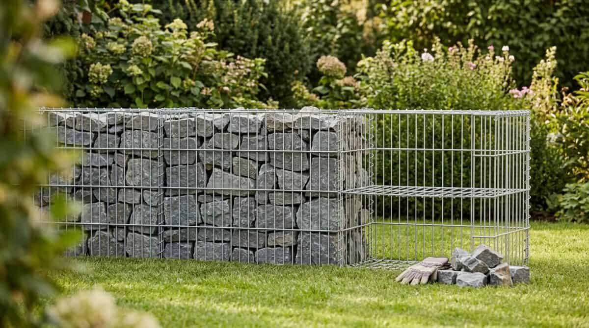 Gabionenwand aus verzinkten Gitterkörben mit grauen Basaltsteinen, ein Korb noch unbefüllt