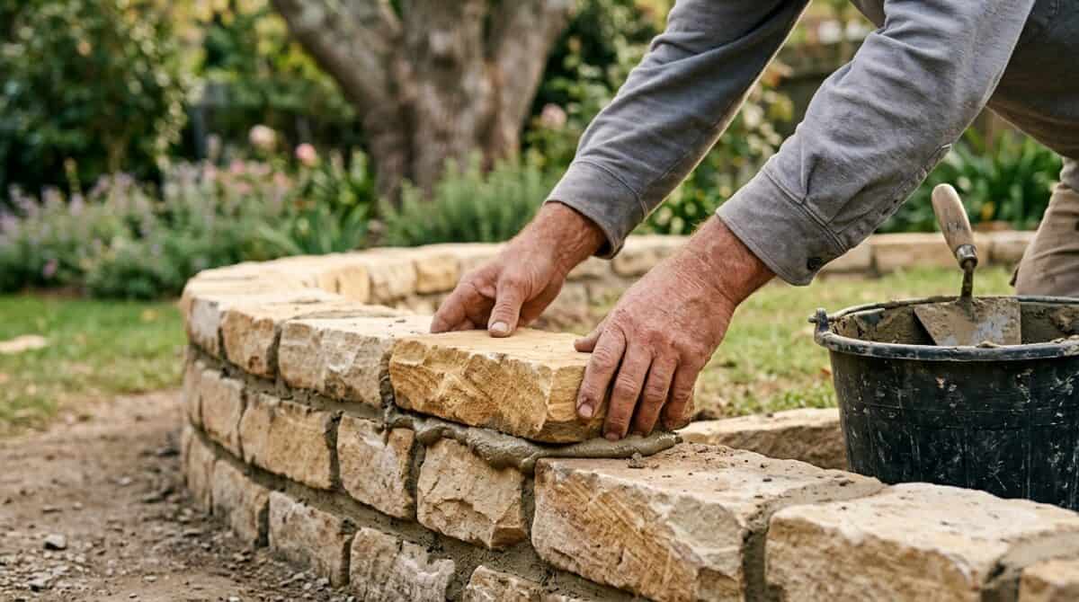 Gartenmauer bauen: Hände setzen einen Naturstein auf das frische Mörtelbett der geschwungenen Mauer