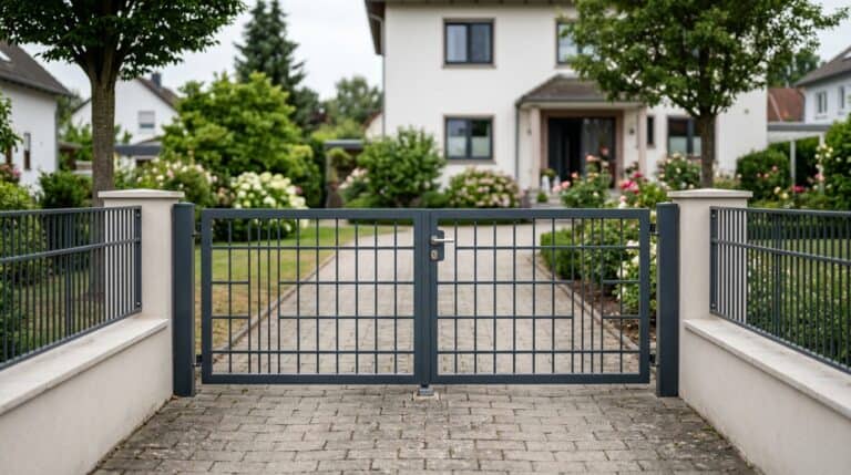 Geschlossenes zweiflügeliges Metall-Gartentor mit Schloss an einer gepflasterten Einfahrt