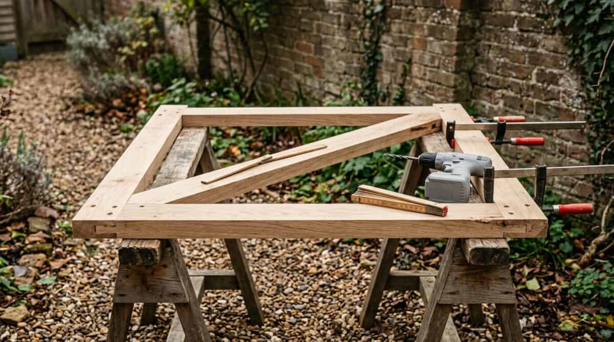 Rahmen eines selbst gebauten Holztors auf zwei Böcken, mit eingesetzter Diagonalstrebe, Schraubzwingen und Gliedermaßstab
