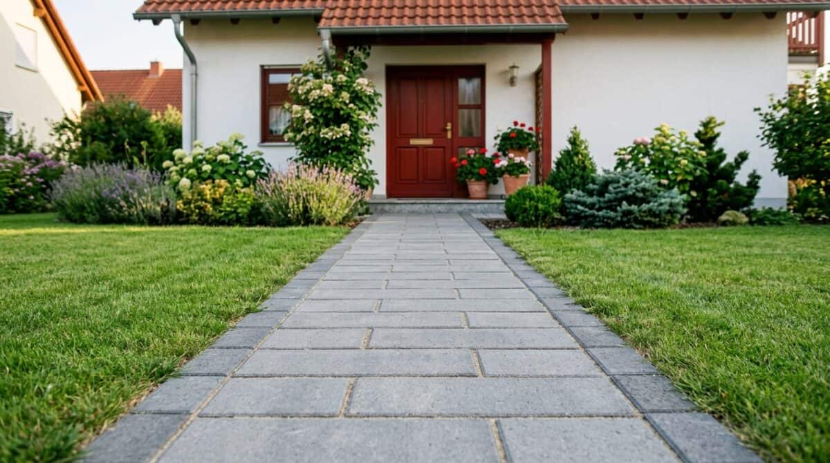 Gepflasterter Gehweg aus grauen Betonplatten führt zur Haustür eines Einfamilienhauses