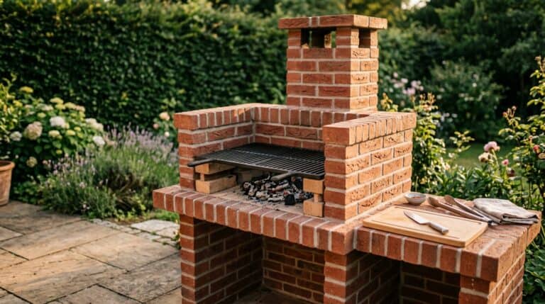Grill mauern: fertig gemauerter Gartengrill aus roten Ziegeln mit Schornstein, Rost und seitlicher Ablage