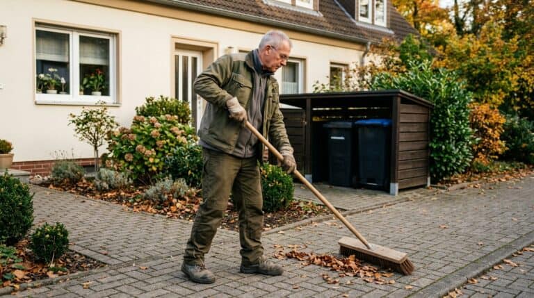 Hausmeisterservice: Hausmeister fegt das Herbstlaub vom gepflasterten Weg vor dem Wohnhaus, im Hintergrund die Mülltonnenbox