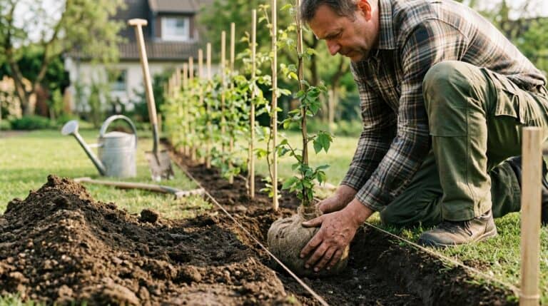 Hecke pflanzen: Gärtner setzt eine junge Heckenpflanze mit Wurzelballen entlang der gespannten Pflanzschnur