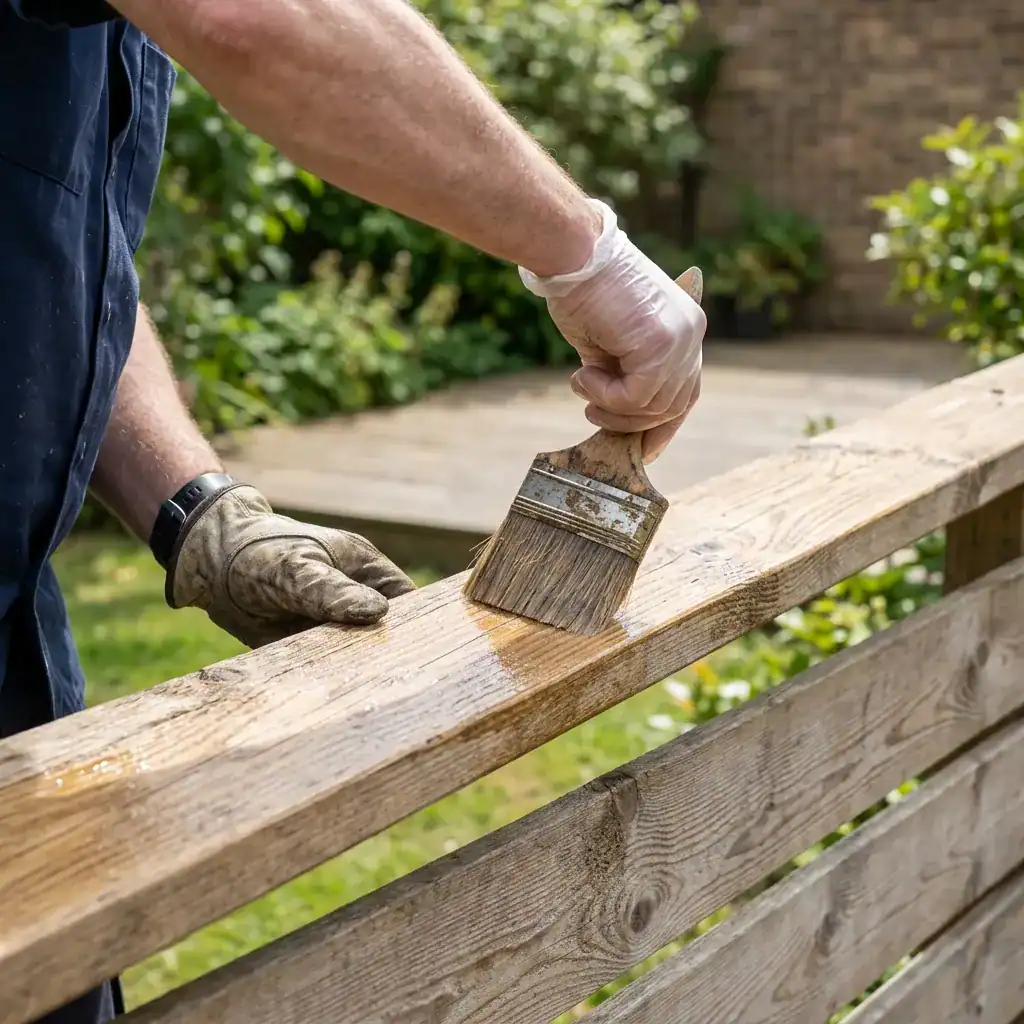 Pinsel trägt eine schützende Holzlasur auf eine Außenholzterrasse auf
