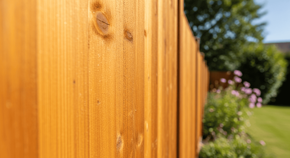 Frisch lasierter Gartenzaun aus Holz glänzt in der Sonne vor grünem Garten