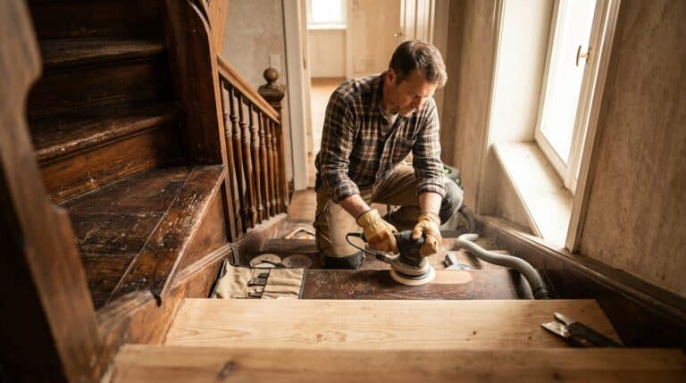 Holztreppe renovieren: Handwerker schleift die dunklen Stufen einer alten Treppe mit dem Exzenterschleifer ab