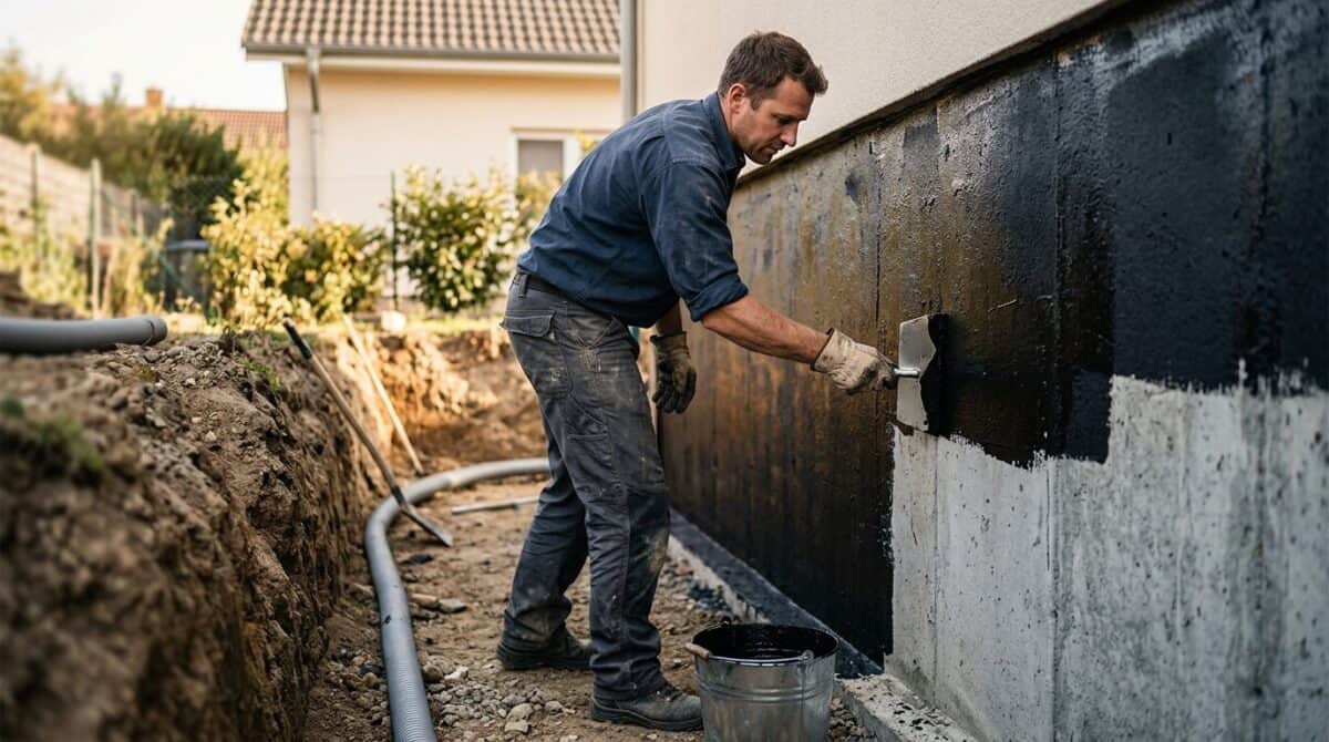 Kellerabdichtung von außen: Handwerker trägt schwarze Bitumendickbeschichtung mit der Traufel auf die freigelegte Kellerwand auf