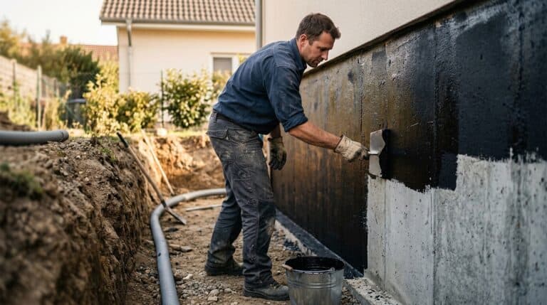 Kellerabdichtung von außen: Handwerker trägt schwarze Bitumendickbeschichtung mit der Traufel auf die freigelegte Kellerwand auf