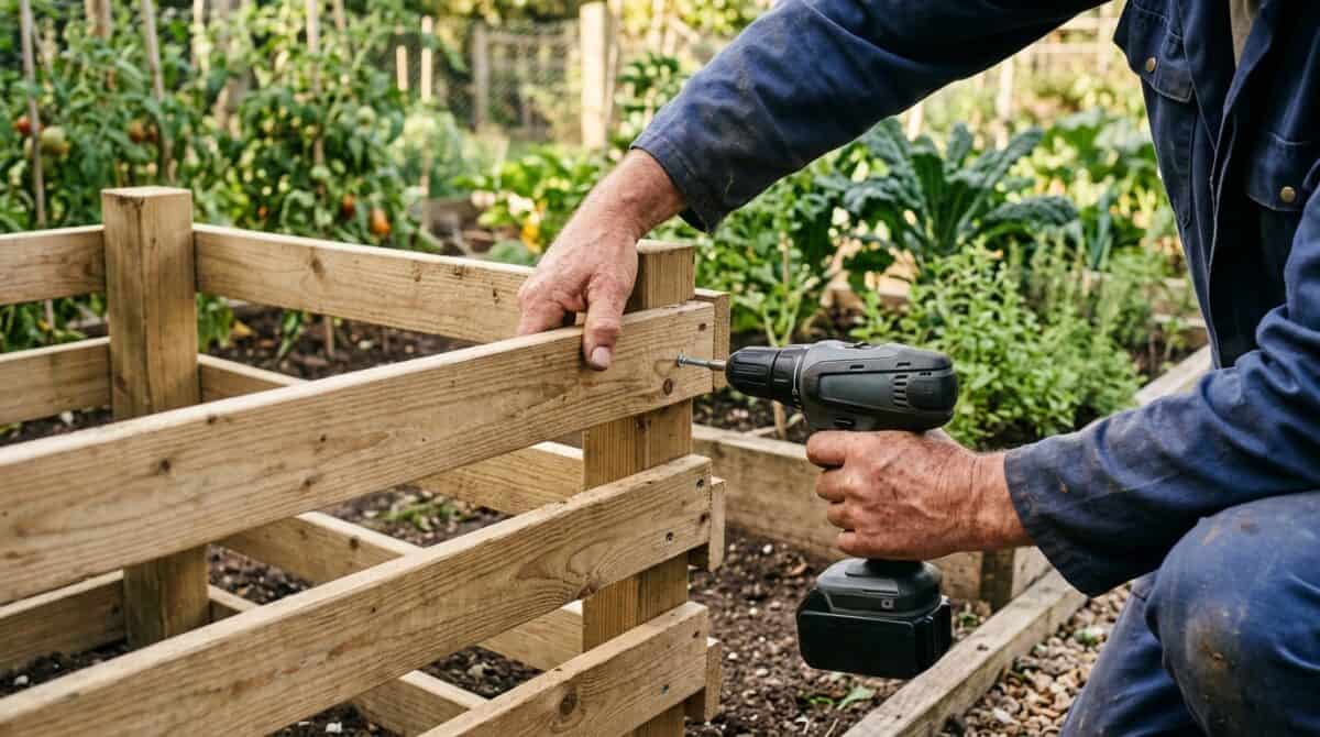 Komposter selber bauen: Mann verschraubt die Holzlatten des Lattenkomposters mit dem Akkuschrauber im Gemüsegarten