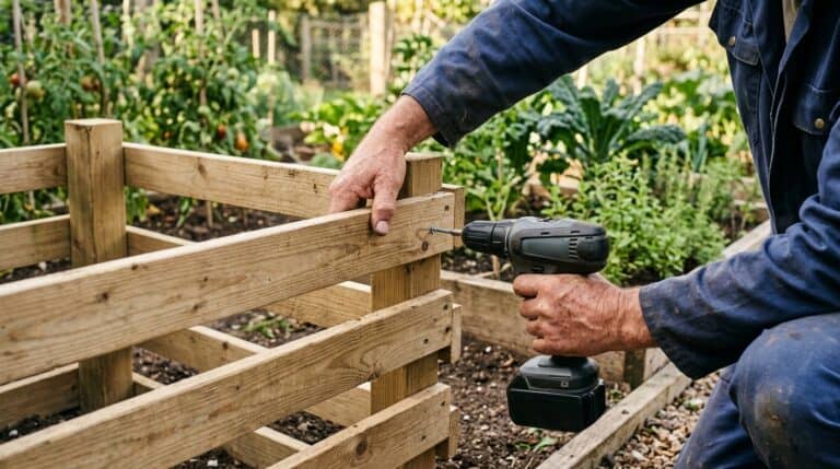Komposter selber bauen: Mann verschraubt die Holzlatten des Lattenkomposters mit dem Akkuschrauber im Gemüsegarten