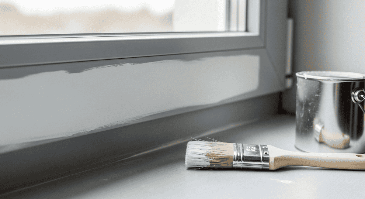 Kunststoff lackieren: grauer Lack frisch auf dem Kunststoff-Fensterrahmen, davor Flachpinsel und Lackdose