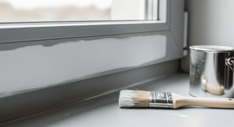 Kunststoff lackieren: grauer Lack frisch auf dem Kunststoff-Fensterrahmen, davor Flachpinsel und Lackdose