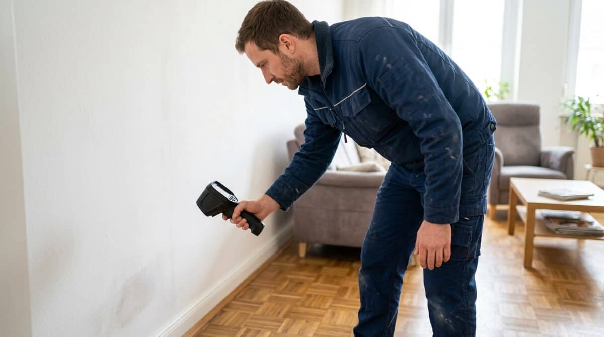 Leckortung: Techniker prüft die Wand im Wohnzimmer mit dem Feuchtemessgerät