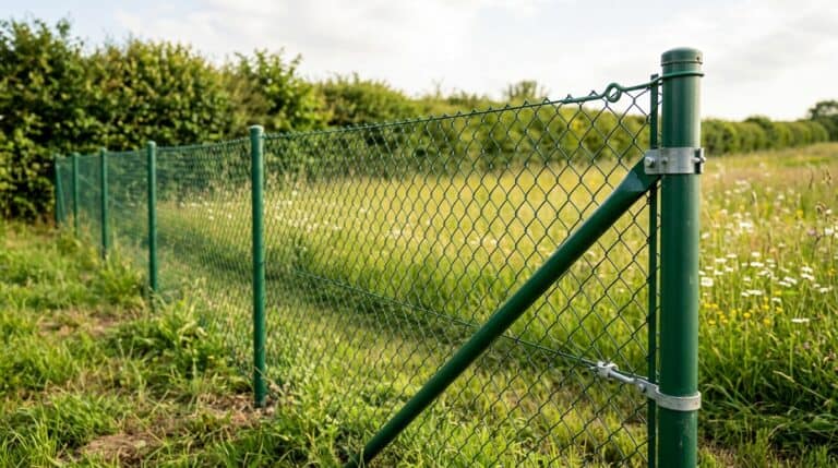 Grüner Maschendrahtzaun mit Endpfosten, Schrägstrebe und Drahtspanner am unteren Spanndraht