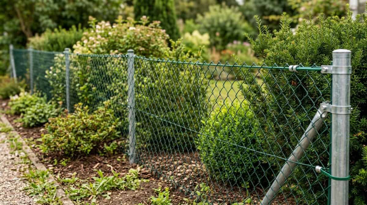 Grün ummantelter Maschendrahtzaun mit Spanndraht und verzinkten Pfosten im Garten