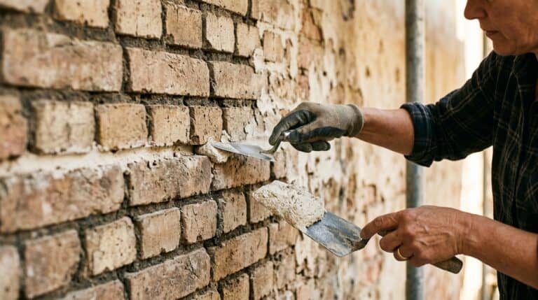 Mauerwerk sanieren: Handwerkerin verfugt das alte Ziegelmauerwerk neu, mit Fugenkelle und Mörtel auf der Traufel
