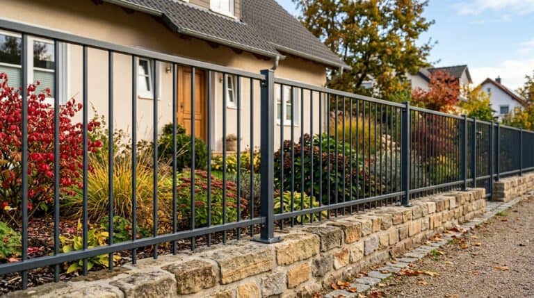 Anthrazit beschichteter Stabgitterzaun aus Stahl auf einer niedrigen Natursteinmauer vor einem Wohnhaus