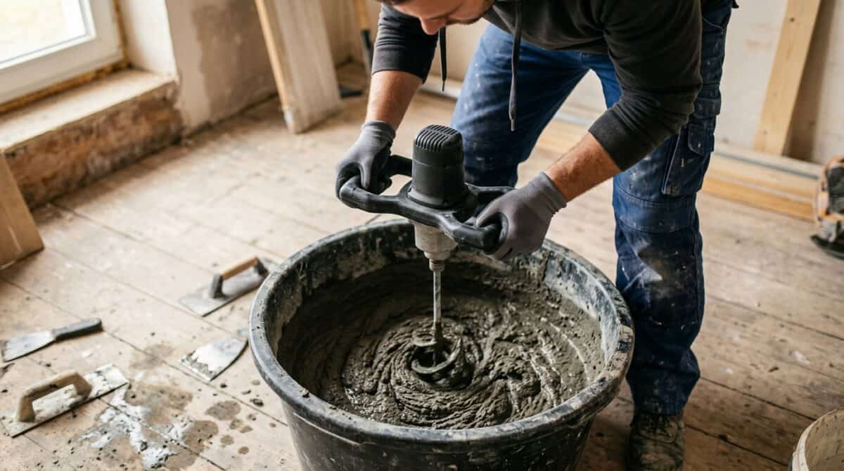 Mörtel mischen: Handwerker rührt den Mörtel im schwarzen Kübel mit dem Rührwerk an