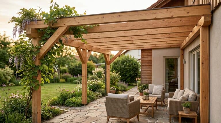 Pergola aus Holz an der Hauswand: berankte Konstruktion über der Terrasse mit Sitzgruppe