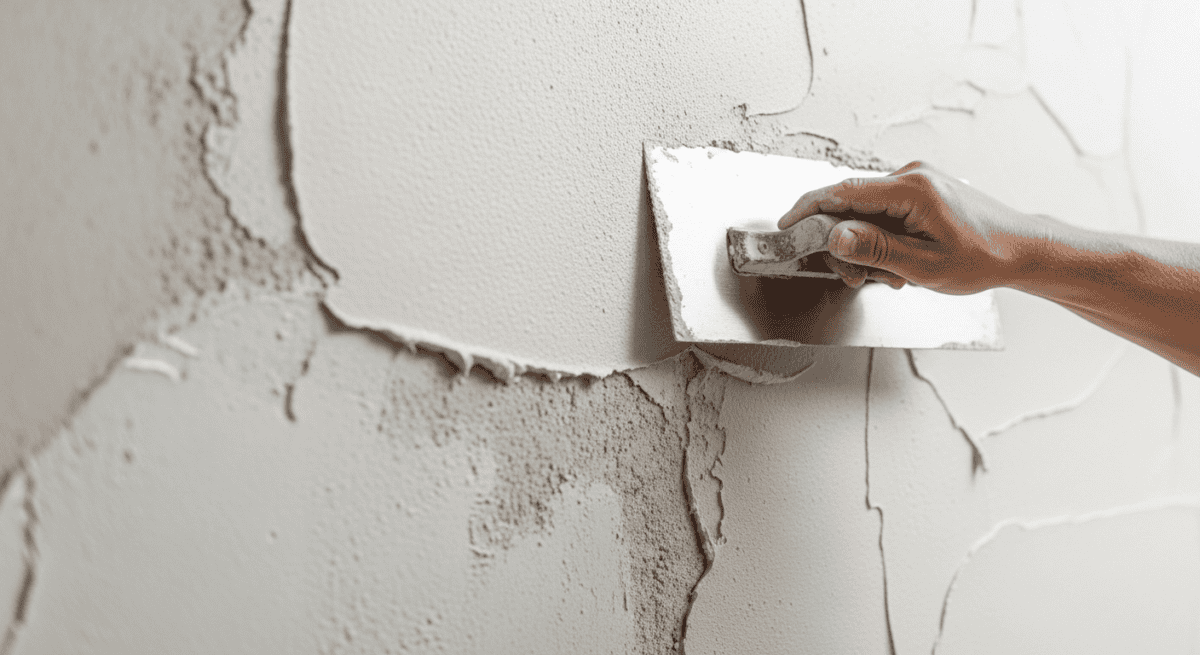 Porenbeton verputzen: frischer Dünnlagenputz wird mit der Glättekelle auf die Wand aufgezogen