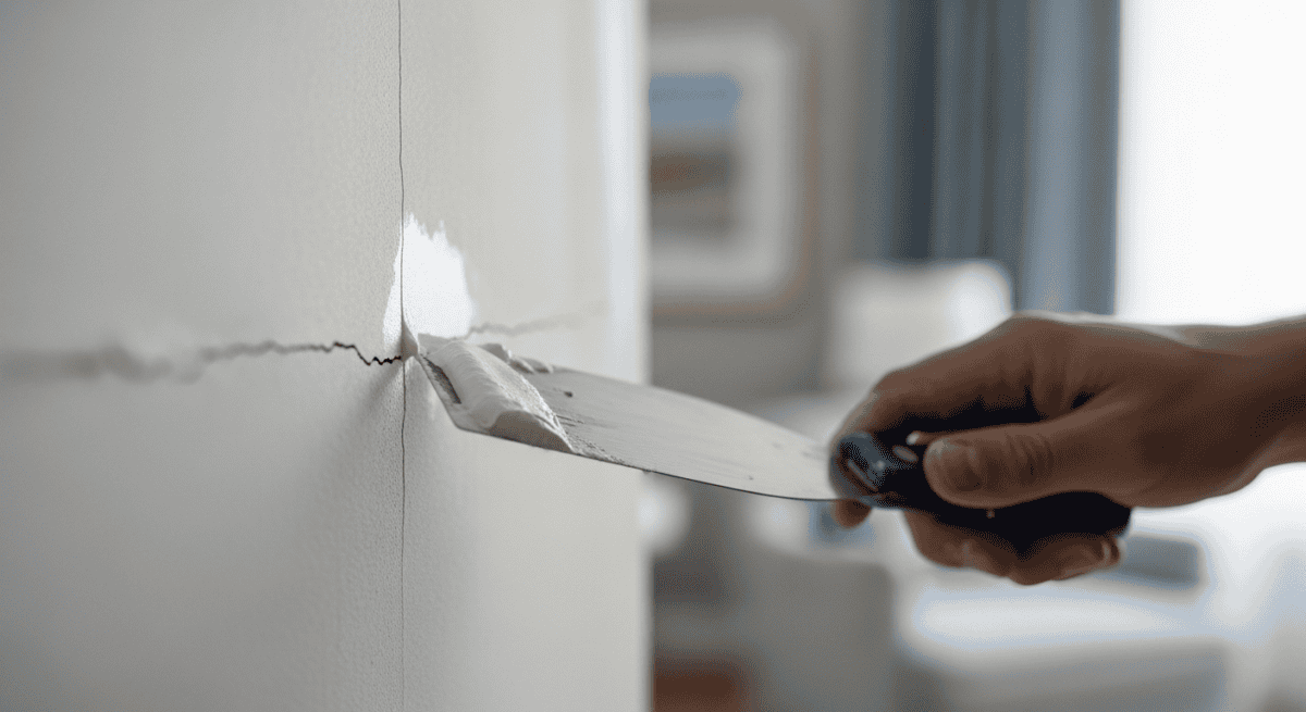 Risse in der Wand reparieren: Spachtel füllt den feinen Riss mit weißer Spachtelmasse