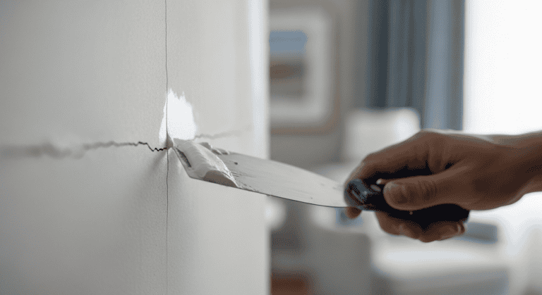Risse in der Wand reparieren: Spachtel füllt den feinen Riss mit weißer Spachtelmasse