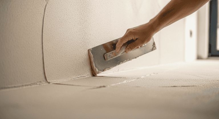 Sanierputz wird mit der Glättekelle im Sockelbereich der Wand aufgezogen