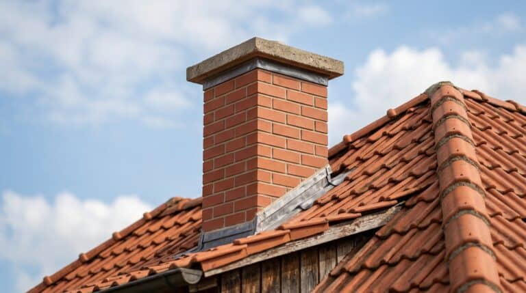 Schornstein mauern: gemauerter Ziegelschornstein mit Betonabdeckplatte auf einem Ziegeldach