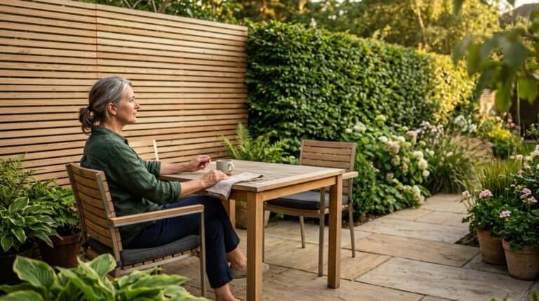 Terrasse mit waagerechter Lamellenwand aus Holz auf der einen Seite und geschnittener Hecke auf der anderen