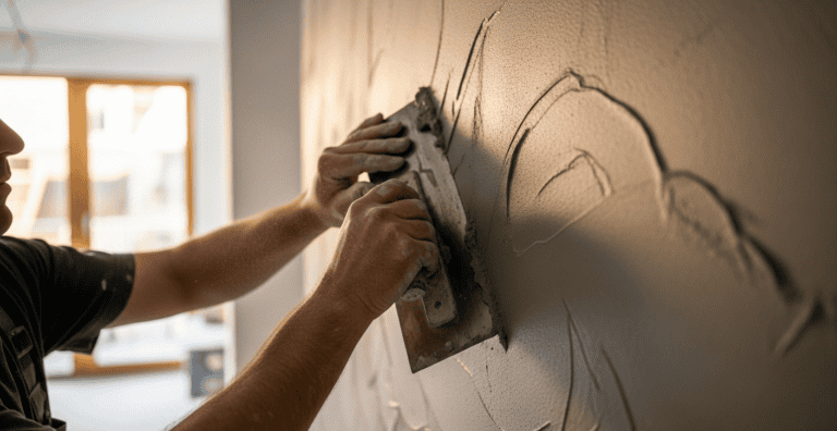 Handwerker trägt mit einer Glättkelle glatten Dekorputz in Spachteltechnik auf eine Innenwand auf