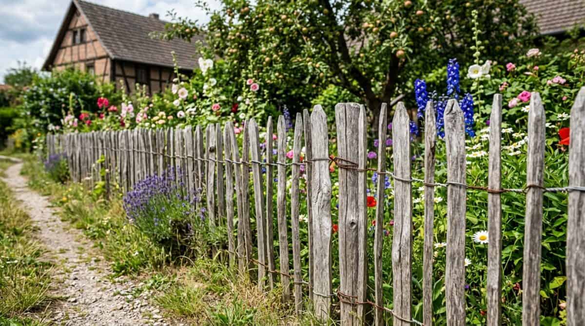 Vergrauter Staketenzaun aus gespaltener Kastanie mit Drahtbindung an einem Bauerngarten mit Stockrosen