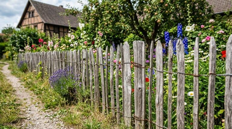 Vergrauter Staketenzaun aus gespaltener Kastanie mit Drahtbindung an einem Bauerngarten mit Stockrosen