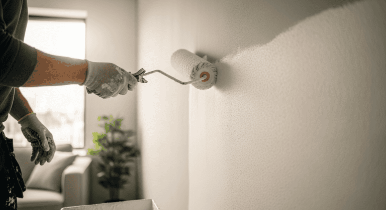 Handwerker trägt strukturierten Streichputz mit einer Farbrolle auf eine weiße Wand auf
