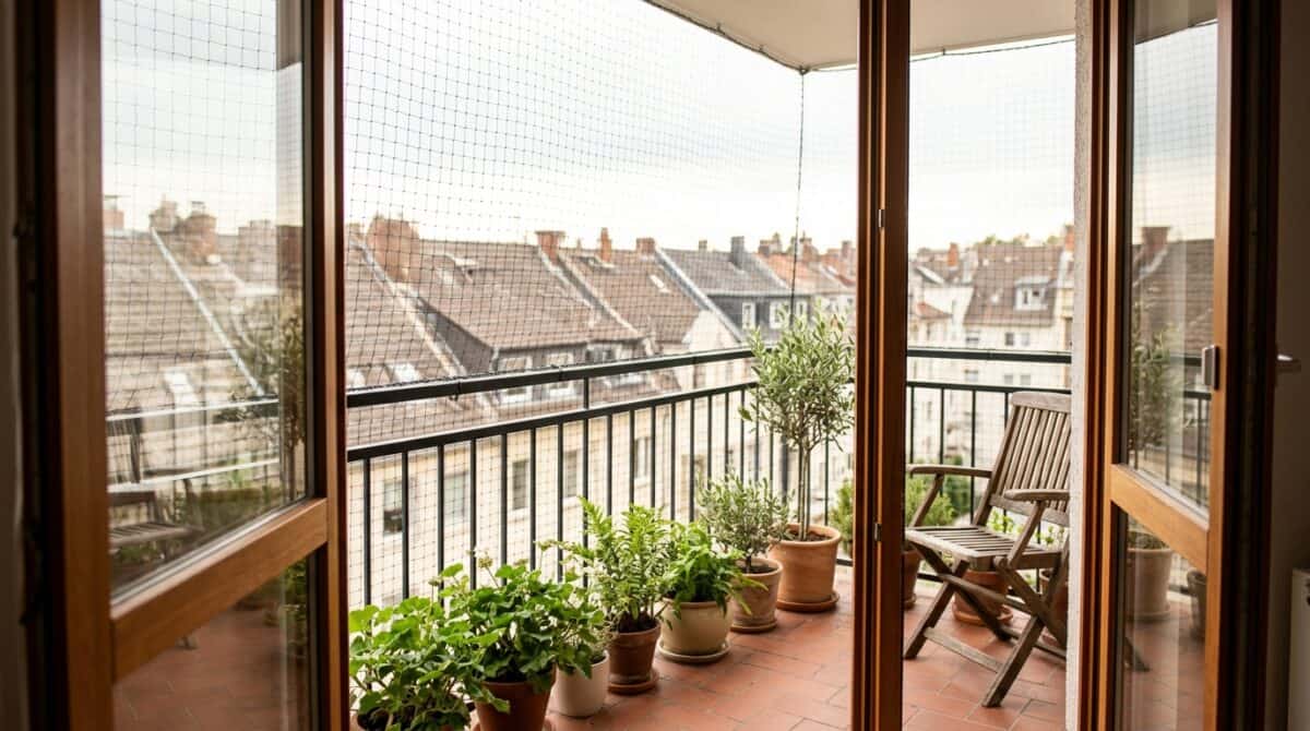 Balkon von innen gesehen, ein feines Vogelschutznetz ist lückenlos über die gesamte Öffnung gespannt