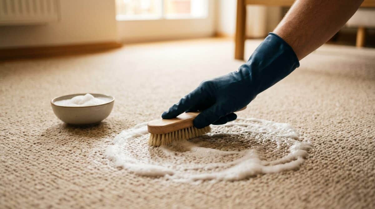Teppich reinigen mit Hausmitteln: Hand mit Gummihandschuh arbeitet Reinigungsschaum mit der Bürste in den Teppich ein, daneben eine Schale Natron