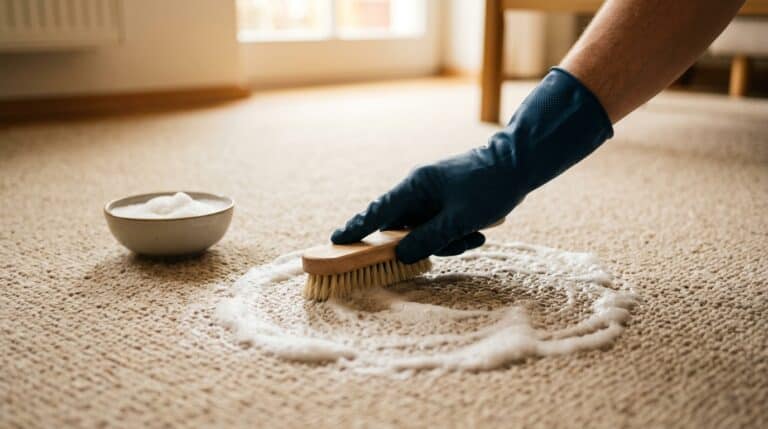 Teppich reinigen mit Hausmitteln: Hand mit Gummihandschuh arbeitet Reinigungsschaum mit der Bürste in den Teppich ein, daneben eine Schale Natron