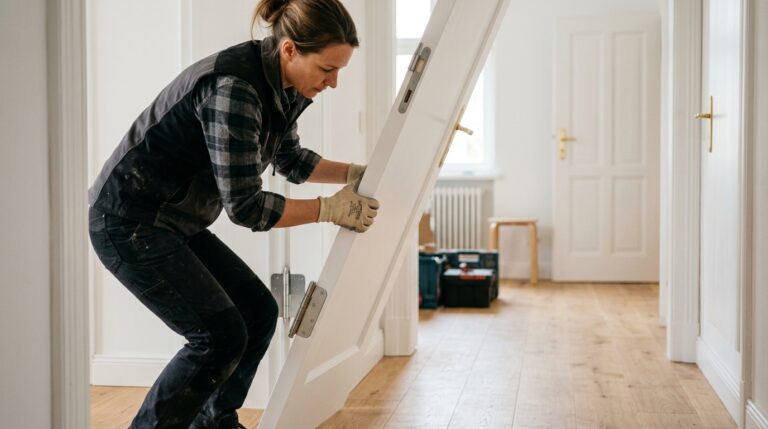 Tür einbauen: Handwerkerin setzt das weiße Türblatt in die Bänder der Zarge ein
