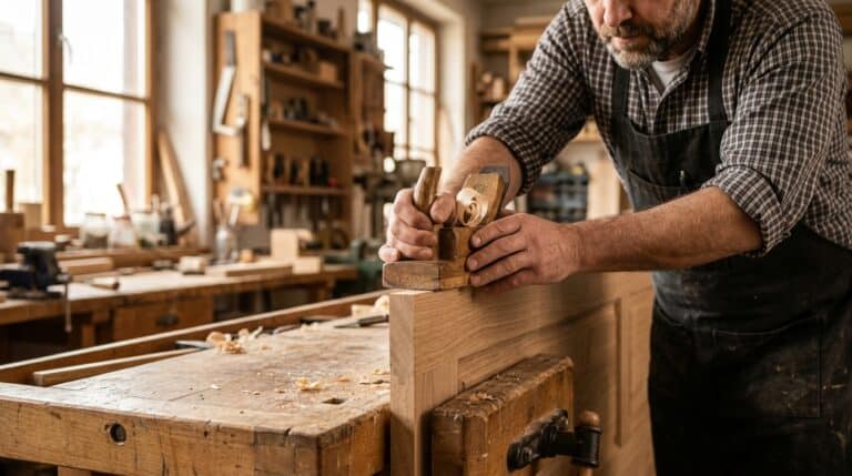 Tür schleift am Boden: Tischler hobelt die Kante des ausgehängten Türblatts in der Werkstatt ab