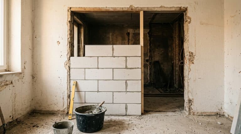 Tür zumauern: halb geschlossene Türöffnung mit frisch gemauerten Kalksandsteinen, davor Mörtelkübel und Wasserwaage