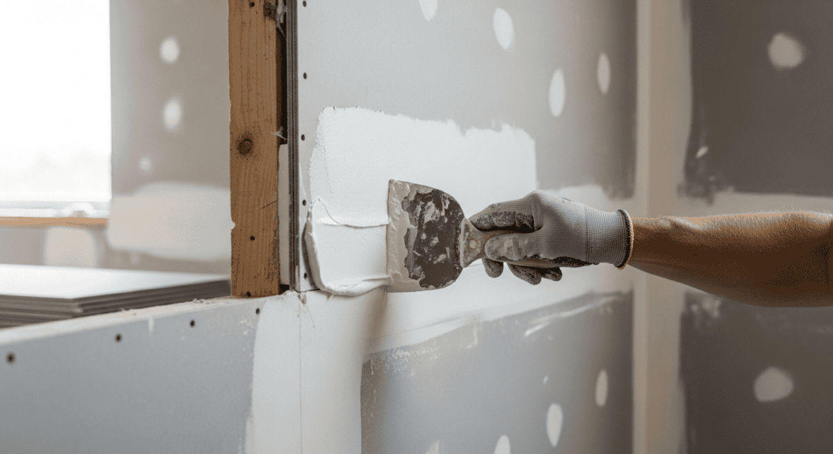 Wände spachteln: Spachtel zieht Spachtelmasse über die Plattenfuge der Trockenbauwand