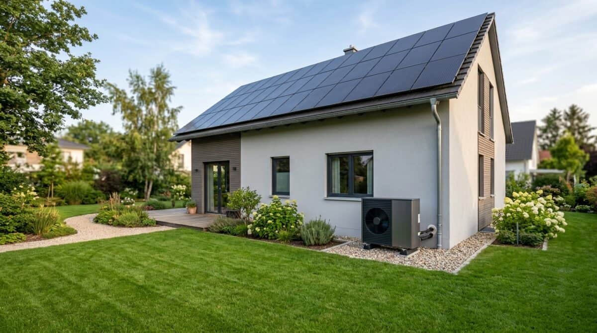 Wärmepumpe und Photovoltaik kombiniert: Einfamilienhaus mit Solarmodulen auf dem Dach und Wärmepumpen-Außeneinheit an der Fassade