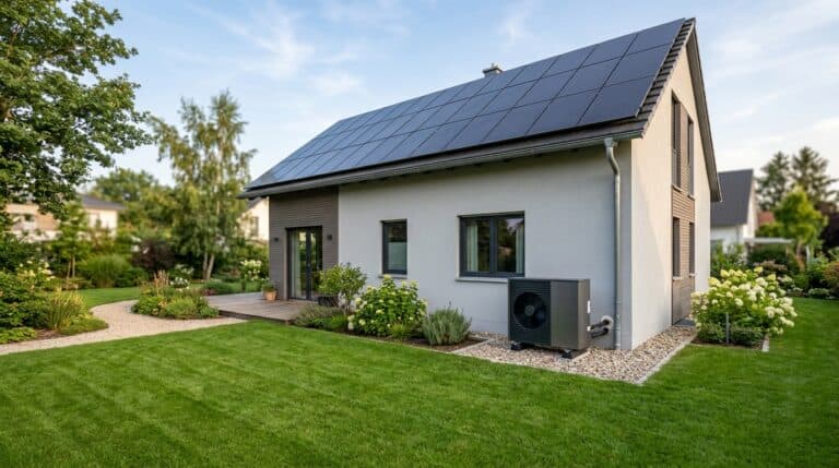 Wärmepumpe und Photovoltaik kombiniert: Einfamilienhaus mit Solarmodulen auf dem Dach und Wärmepumpen-Außeneinheit an der Fassade