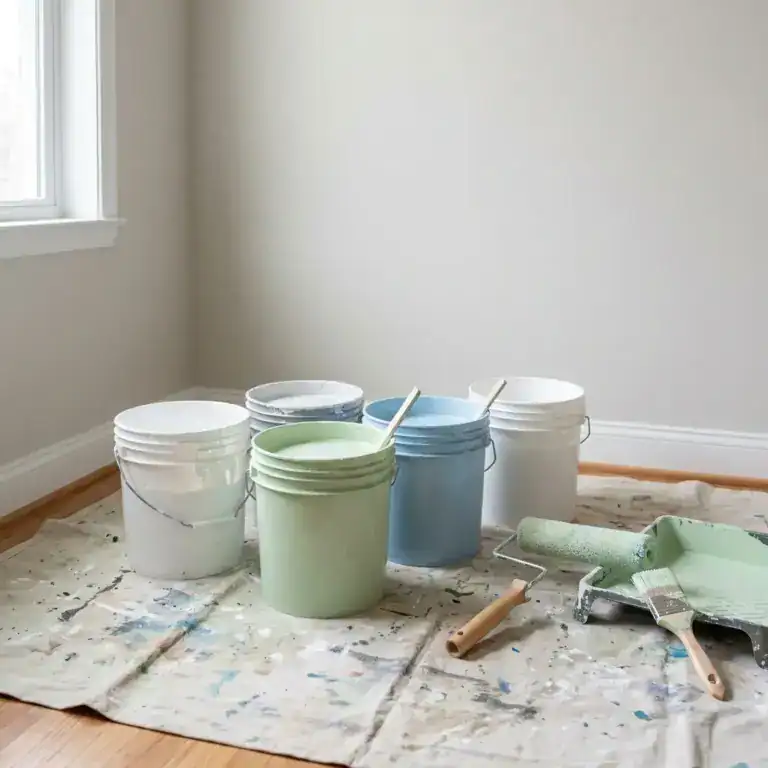 Vergleich verschiedener Wandfarben-Eimer mit bunter Dispersion- und Latexfarbe
