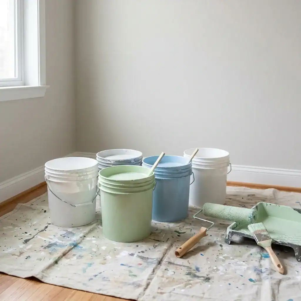 Vergleich verschiedener Wandfarben-Eimer mit bunter Dispersion- und Latexfarbe