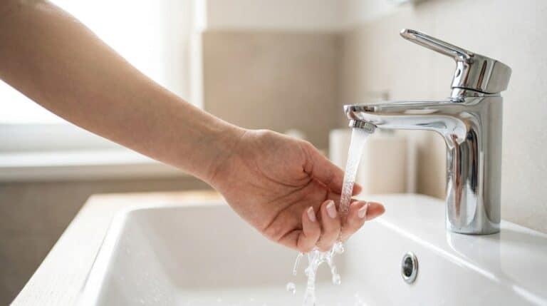 Warmwasser wird nicht warm: Hand prüft die Temperatur unter dem laufenden Wasserstrahl der Armatur