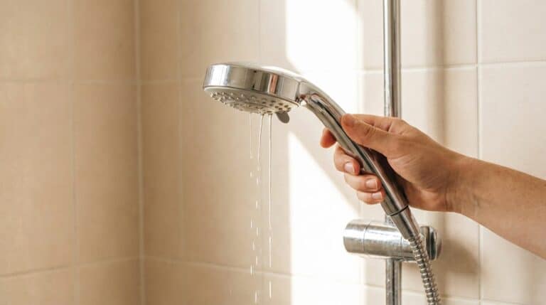 Wasserdruck zu niedrig: Handbrause mit schwachem, tröpfelndem Wasserstrahl im Bad