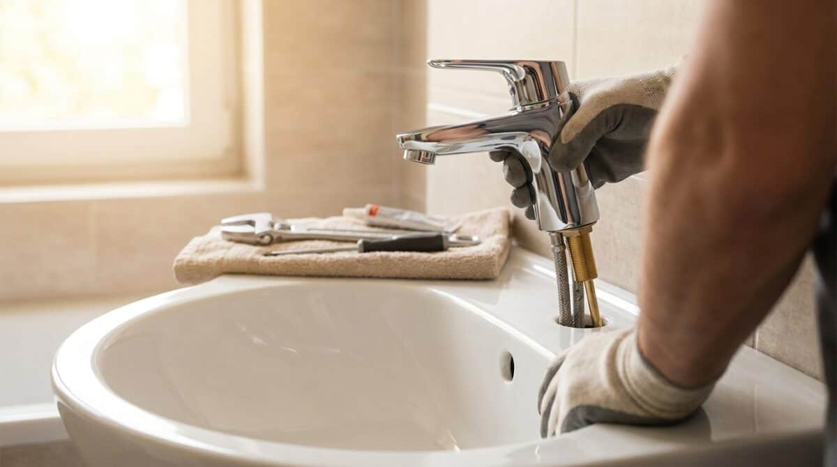 Wasserhahn austauschen: neue Einhebelarmatur mit Anschlussschläuchen wird ins Hahnloch des Waschbeckens gesetzt