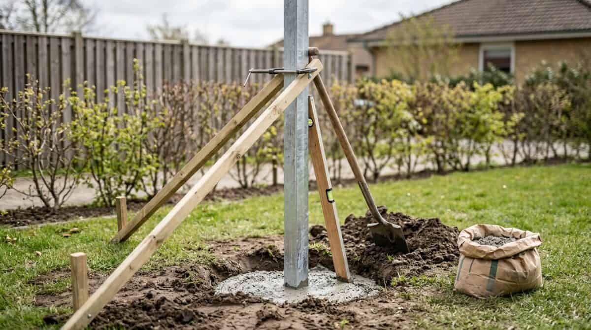 Verzinkter Zaunpfosten steht lotrecht im frischen Beton, abgestützt durch zwei Holzlatten, daneben Spaten und Sack Trockenbeton