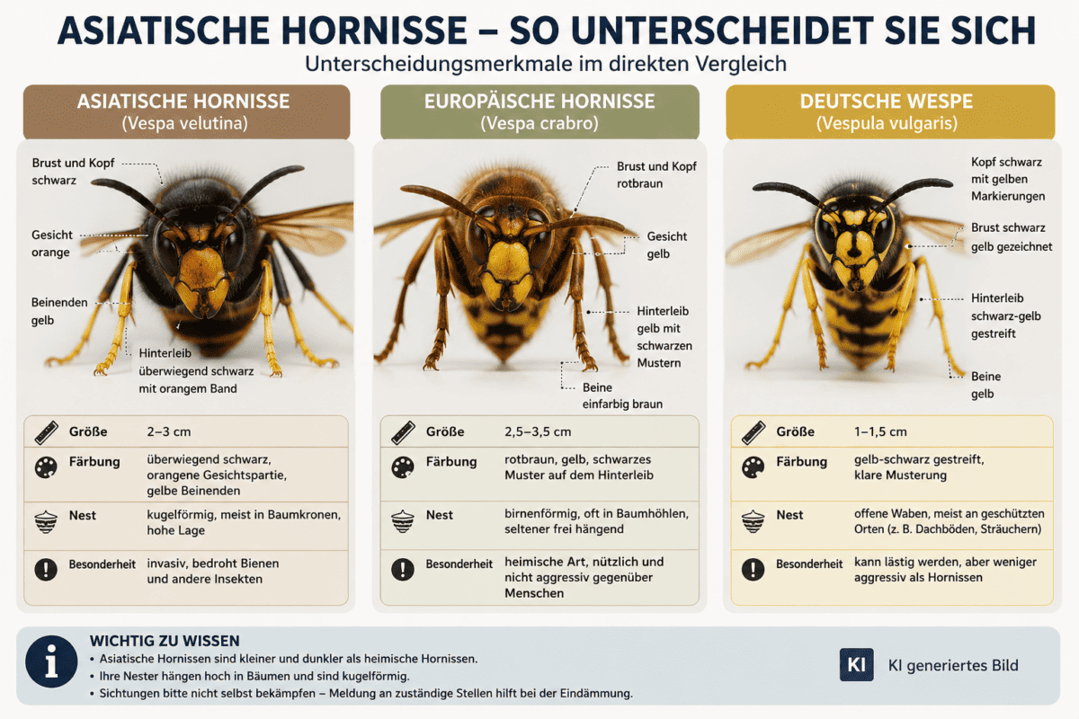 Eine Übersichtsgrafik, um eine Asiatische Hornisse, eine Europäische Hornisse und eine Deutsche Wespe zu unterscheiden.